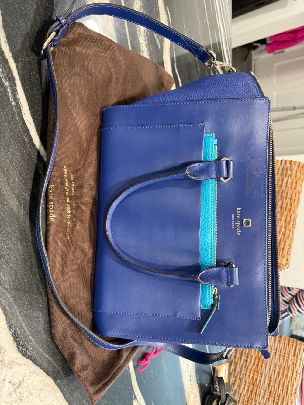 kate spade blue leather satchel with turquoise trim